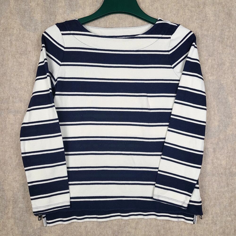 Talbots Women's S Striped Boatneck Top 100% Cotton Long Sleeve Side Zip Navy